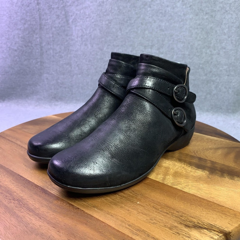 Dansko Faithe Boots Women 7.5 Black Burnished Nubuck Ankle Zip Buckle Wedge Work